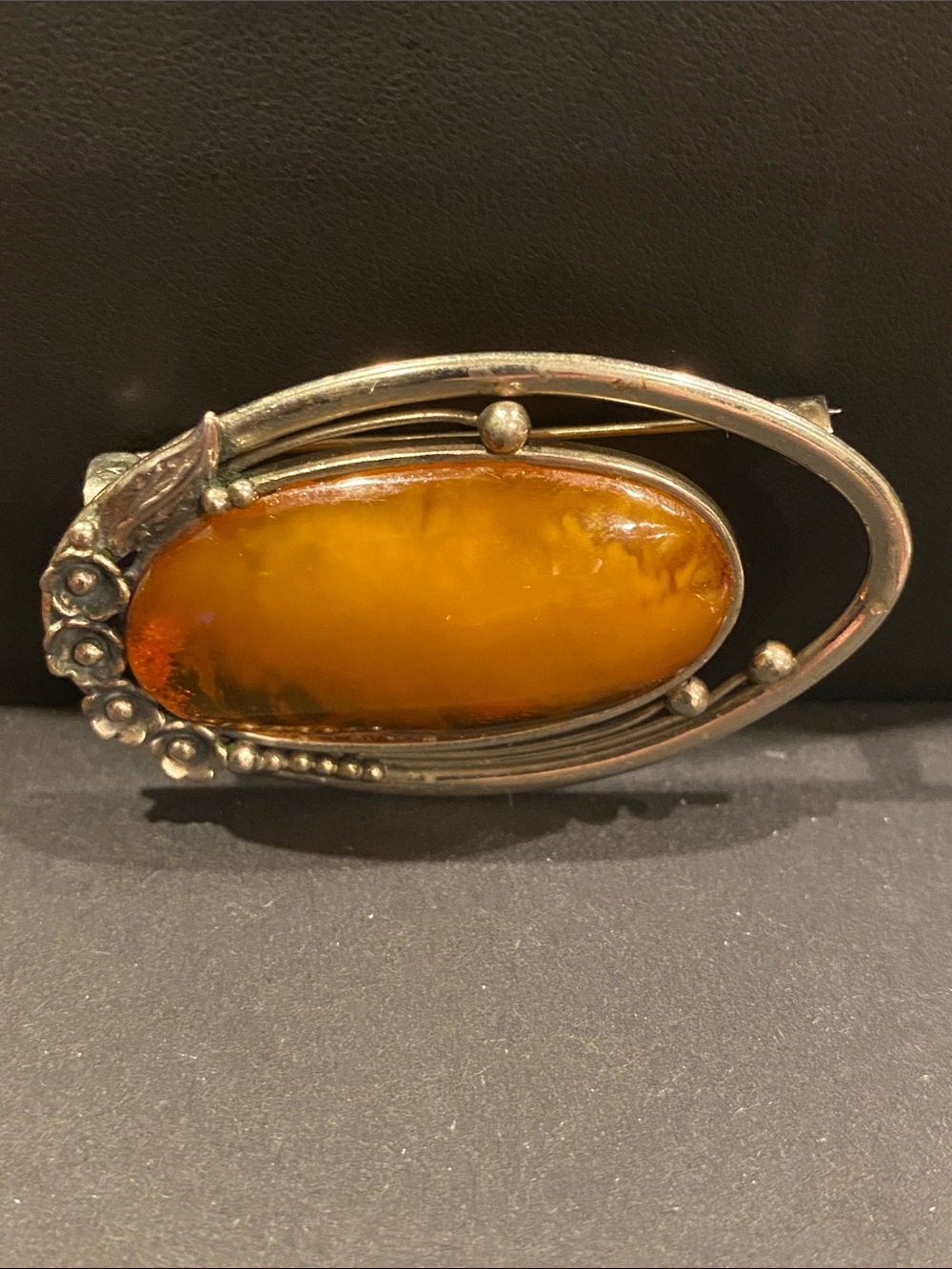 Art Nouveau Honey Amber Oval Silver Brooch - Honey Amber Jewelry